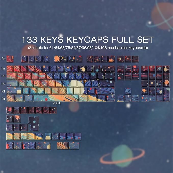 Tsungup Custom Keycaps,131 Keys PBT Starry Sky Side Print Keycaps,Cherry Profile Key Caps Keyboard Keycap Set for Cherry MX Switches Mechanical Keyboard(Black)