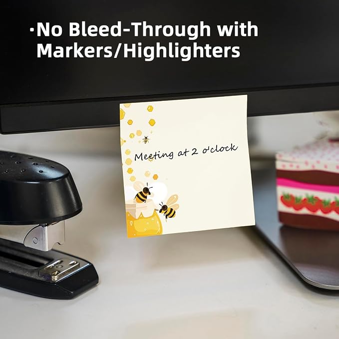 4-Pads 3x3 Sticky Notes, Bee Memo Pads with High-Adhesive, Animal Self-Stick Notes, Reusable & Tearable for Journal Planners Office School Home, Cute Stationery Gift - Bee Honey