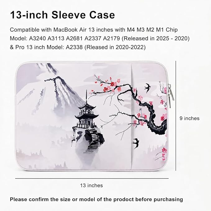 Laptop Sleeve Case for MacBook Neo/Air/Pro 13 inches A18/M5/M4/M3/M2/M1 Chip 2026-2020 A3404 A3449 with 2 Pockets Tablet Bag Accessories (Plum Blossom Pavilion)