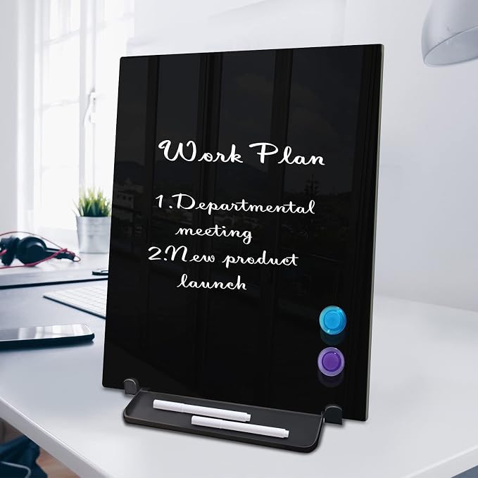 Black Magnetic Glass Board Desktop Easel, 16x12 Black Dry Erase Board for Desk, Tabletop Glass Whiteboard on Adjustable Stand, ZHIDIAN Portable Tempered Glass Board for Office Home