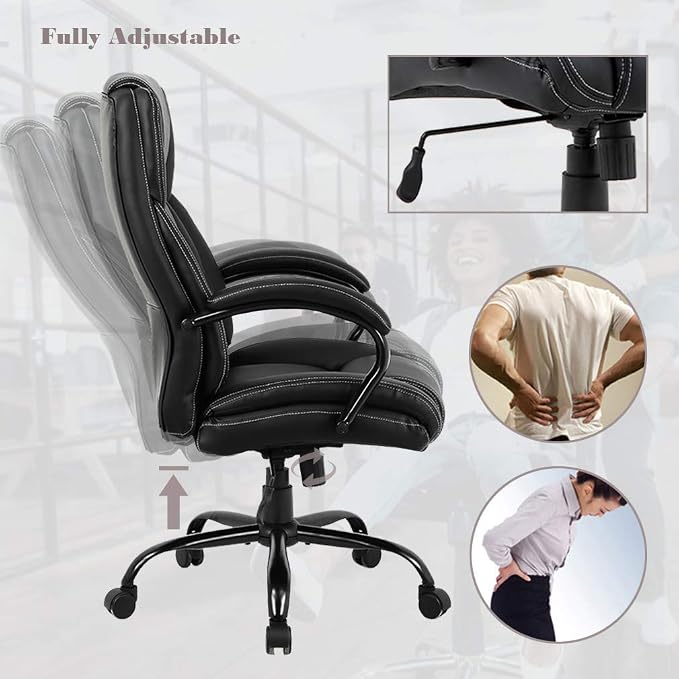 Big & Tall Executive Office Chair Heavy Duty 500LBS Computer Desk Chair Ergonomic High Back Task Rolling Swivel Chair with Lumbar Support Armrest PU Leather Oversizd Wide Seat Office Chair, Black