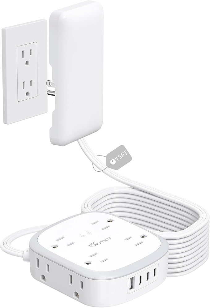 Outlet Cover Extension Cord Flat 15ft, NUTICT Flat Plug Power Strip with 8 Outlets & 3 USB-C & 1 USB-A Port, 13A/1625W, 1440J Surge Protector, Indoor 3 Prong Flat Wall Plug for Tight Spaces, White