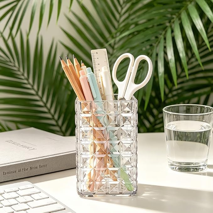 Lebenrich Acrylic Pen Holder Pencil Cup for Desk, 2 Pack Clear Makeup Brush Holder for Vanity, Cute Desk Organizer Office Supplies Accessories Container for Marker Bookmark Straw Coffee Stirrer