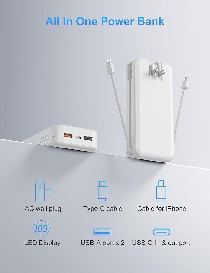 Ffnpua Portable Charger with Wall Plug, 20000mAh USB C Power Bank Fast Charging, External Battery Pack with Built in Cables, Digital Display, 5 Output 2 Input for iPhone Android Cell Phone Tablet