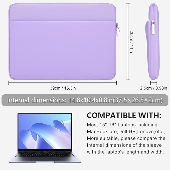 Laptop Sleeve Bag Compatible with 15 to 16 inches MacBook HP Dell Asus Acer Protective Case with Front Pocket Padded Computer Pouch Cover Protective for 15” to 16” Laptop, Purple