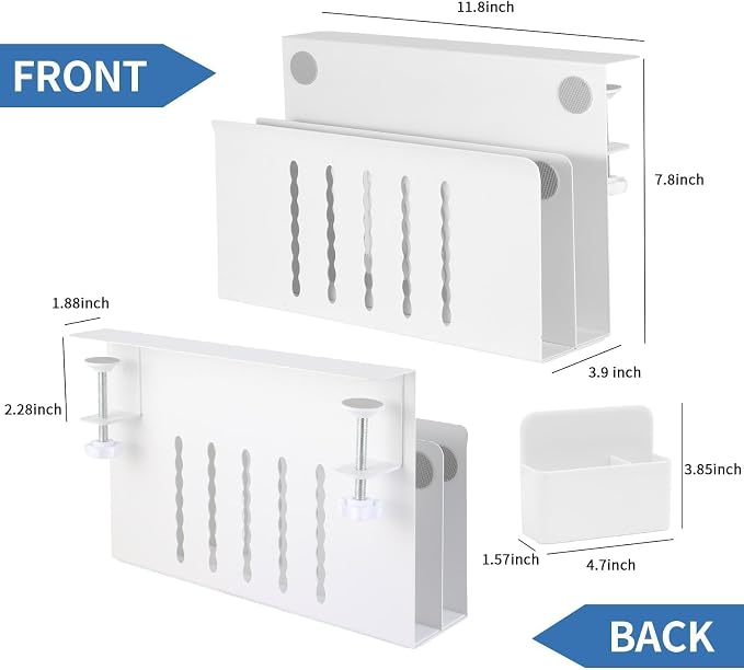 2 Tier Desk Side Storage Organizer, Under Desk Laptop Holder with Magnetic Pen Holder, No Drill Hanging Desks Caddy for Office & Home, Clamp On Desk Shelf for Tablet, Files, Accessories(White)