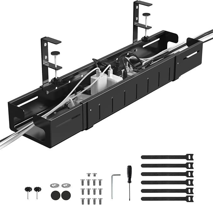 Under Desk Cable Management Tray Black | Expandable 25.27"-38.66", Sturdy Steel Desk Cord Hider Raceway for Office/Home