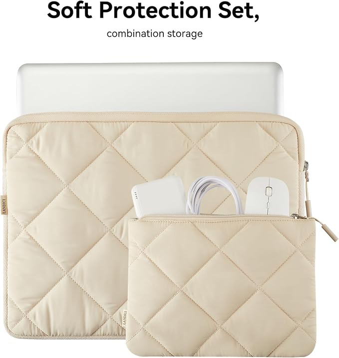 LANDICI Puffy Laptop Sleeve Carrying Case 14 15 Inch Compatible with MacBook Pro 14/15, MacBook Air M2 15, Surface Laptop 4/5, Chromebook 14, Cute Computer Cover Bag with Accessories Pouch, Apricot