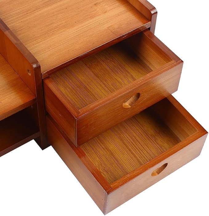 Bamboo Desk Monitor Stand with Drawer Wooden Computer Stand for Desk Monitor Riser with Storage for Laptop, PC Screen, TV, Printer, 3 Drawers + Hidden Keyboard Space