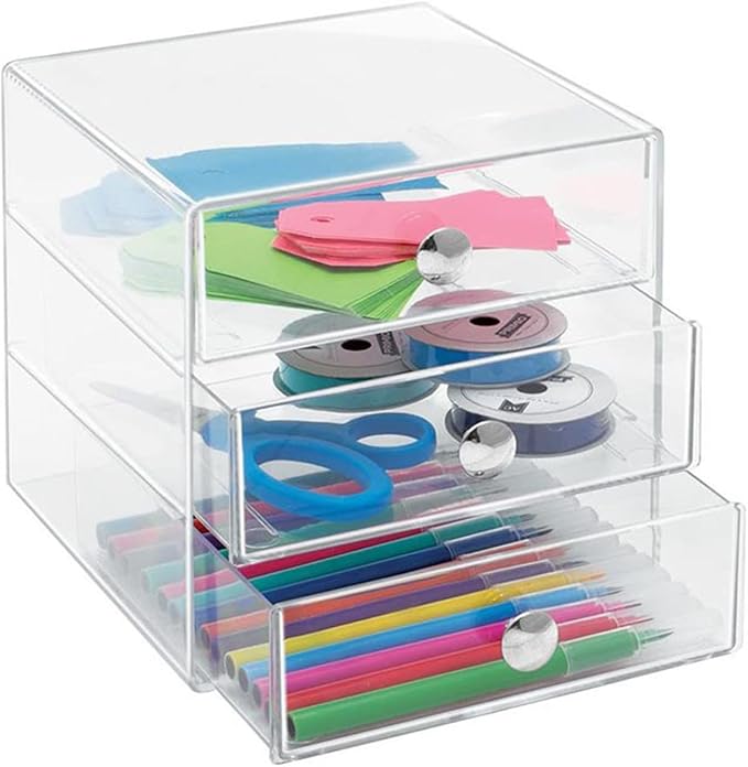 AJIODA Makeup Drawer Organizer Box with 3 Drawers, Acrylic Cosmetic Display Case Vanity Organizer Jewelry Storage Box Stackable Storage for Cosmetics, Skin Care, Bathroom, Countertop, Silver Handle