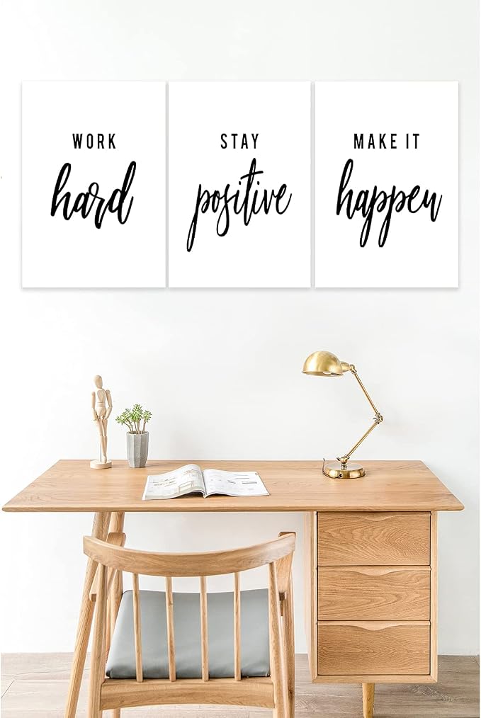 3 Piece Inspirational Wall Art, White Motivational Mindset Picture, Quote "Work Stay Make It" Canvas Print for Office Decor, Triptych Entrepreneur Poster Framed Artwork for Gym Wall Decor (36"Wx24" H)