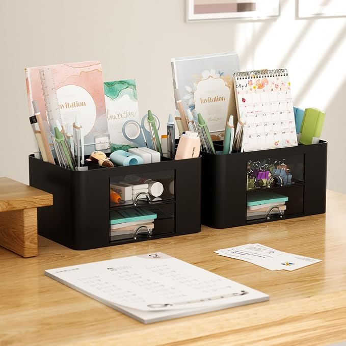Stationary Organiser 7-Grid Desk Organizer with Drawer – Multifunctional Plastic Table Organizer & Pen Holder for School, Office, and Home (Black)