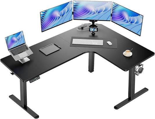 HUANUO 63″ L-Shaped Standing Desk, Built-in Power Outlets, Electric Height Adjustable Corner Computer Desk, Large Power Strip Holder, Sit Stand Up Desk with 3 Preset Heights, Black
