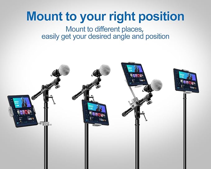 elitehood Aluminum iPad Holder for Mic Stand, Side Mount iPad Music Stand Holder for Microphone, 360° Swivel Tilt Adjustable Mic Tablet Mount for 4-13in iPhone, Cell Phones and Tablets, Sliver