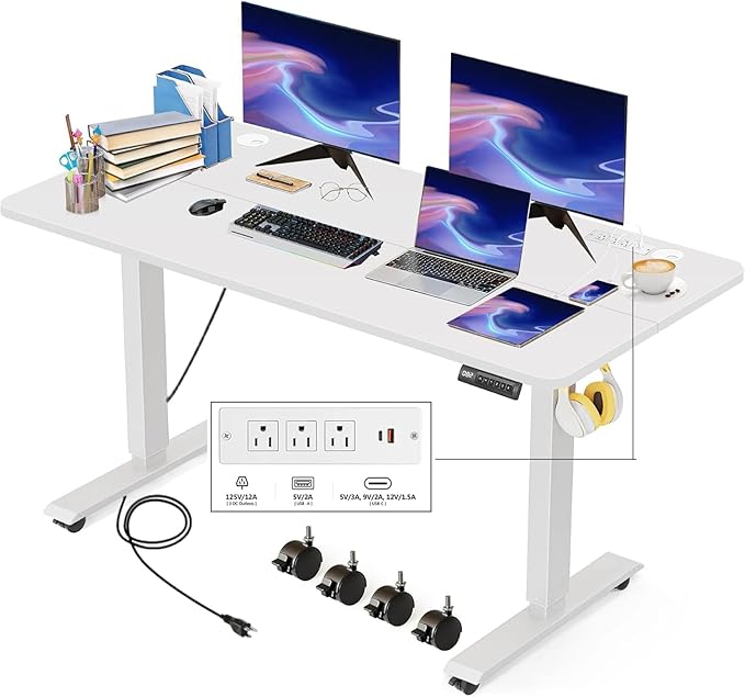 Electric Standing Desk with Power Outlets and USB-C Port, 55 x 24 Inches Adjustable Height Sit Stand Up Desk for Home Office, Adjustable Desk with Memory Preset and Wheels, White