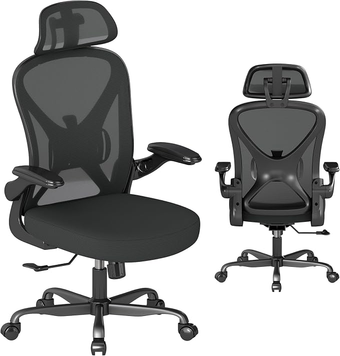 Ergonomic Office Chair with Adjustable Lumbar Support and Headrest, 300 lbs Swivel Desk Chair with Flip-Up Arms, Mesh Comfy Padded Seat for Computer and Home, Black