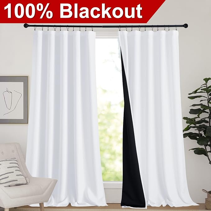 NICETOWN Thermal Insulated Curtains for Windows, Super Heavy-Duty Black Lined Blackout Curtains for Bedroom, Privacy Assured Window Treatment (White, Pack of 2, 62-inch W x 95-inch L)