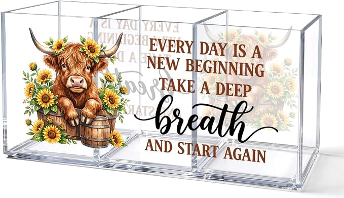 Every Day Is A New Beginning Acrylic Pen Holder Organizer with 3 Compartments, Highland Cow Desk Organizer Accessories, Inspirational Office Gifts for Coworker, Highland Cow Gifts for Staff