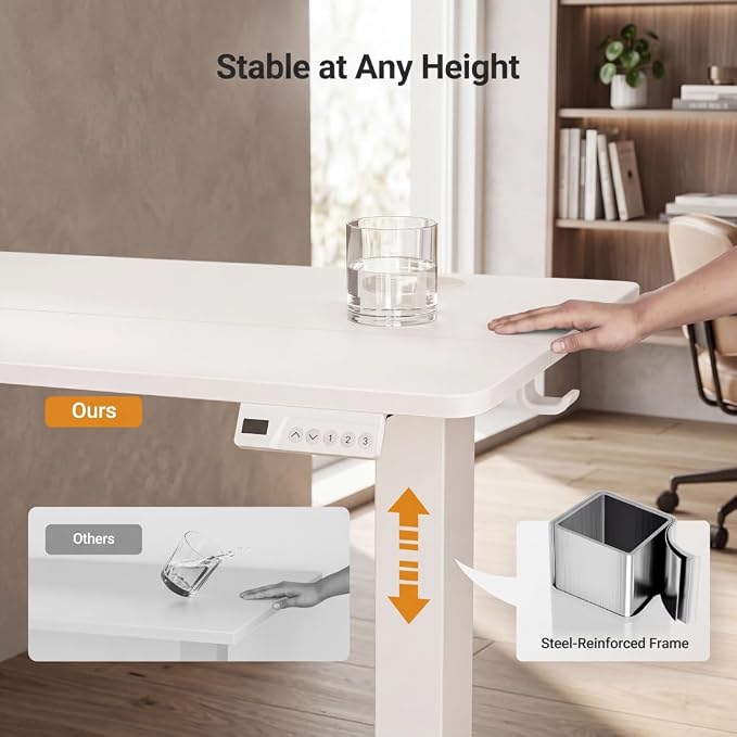 Claiks Electric Small Standing Desk, 35x20 Inch, White | Adjustable height for sit-stand, 156lbs capacity, scratch-resistant surface, 3 memory presets, cable management & hook.