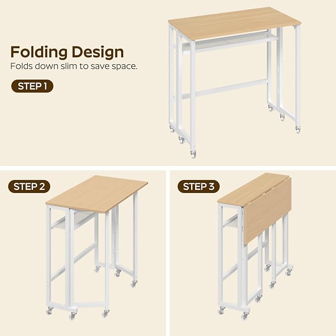 Folding Computer Desk with Storage Shelf, 25.2" Rolling Folding Desk with Wheels, for Small Spaces, Living Room, Bedroom, Office, White and Natural DN08WN