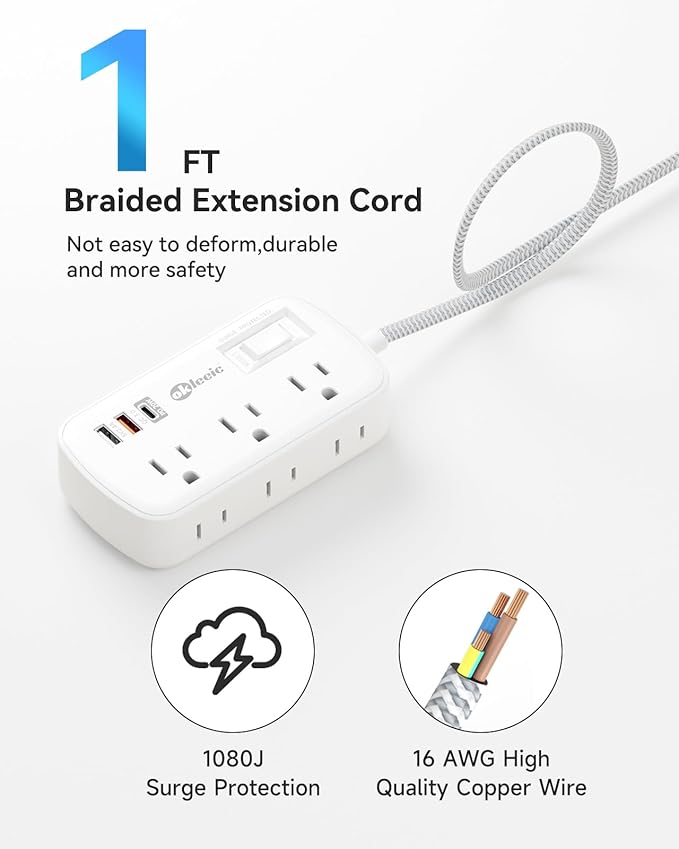 PD 20W USB C Surge Protector Power Strip, Travel Power Strip with 3 USB(1 USB C) Ports and 6 Outlets, Short Extension Cord 1 Ft, PD 20W Fast Charging Station, Wall Mount for iPad Pro iPhone Samsung