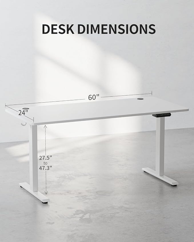 CubiCubi 60 x 24 Large One-Piece Standing Desk, Adjustable Height Electric Computer Home Office Sit Stand up Workstation, with 4 Memory Presets, Headphone Hook, White
