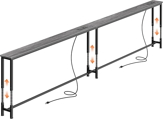 Huuger 110.2 Inch Sofa Table with Power Outlets, 23.9’’-34.4’’ Height Adjustable Range, Behind Couch Table with USB-C Ports, Sofa Tables Narrow Long, Skinny Console Table, for Small Spaces, Grey