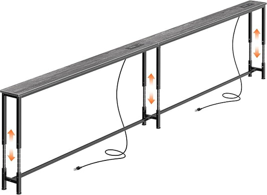 Huuger 110.2 Inch Sofa Table with Power Outlets, 23.9’’-34.4’’ Height Adjustable Range, Behind Couch Table with USB-C Ports, Sofa Tables Narrow Long, Skinny Console Table, for Small Spaces, Grey