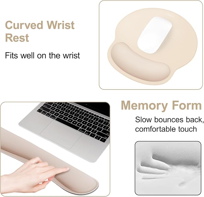 MOSISO Wrist Rest Support for Mouse Pad&Keyboard Set, Streamline Ergonomic Mousepad&Coaster Non-Slip Base Home/Office Pain Relief&Easy Typing Pad with Soft Cloth&Silicone Lining, Apricot