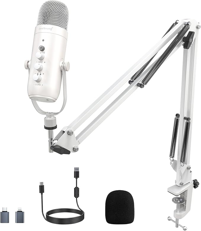 ZealSound Gaming Microphone for PC, USB Podcast Microphone with Noise Reduction, Mute & Gain Control, Zero-Latency Monitoring, Echo Control, Boom Arm, for Mac, iPhone, Stream, YouTube, TikTok (White)