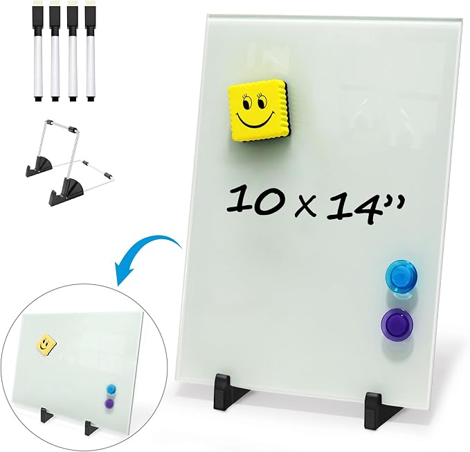 Magnetic Small Glass Whiteboard Desktop, ZHIDIAN 14x10 Portable Tempered Glass Dry Erase Board Panel with Adjustable Stand for Desk, Tabletop Glass Writing Board Easel for Office Home