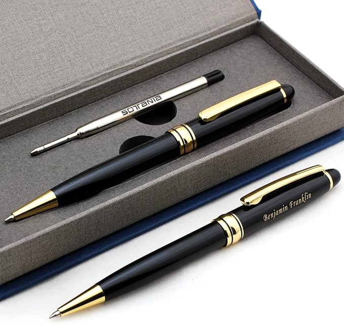 Free Engraving – Personalized Roller Ballpoint Pen, Refillable Black Ballpoint Pen with Gold Trim, Single-Color Design, Retractable Medium Refill, Classy Gift Box