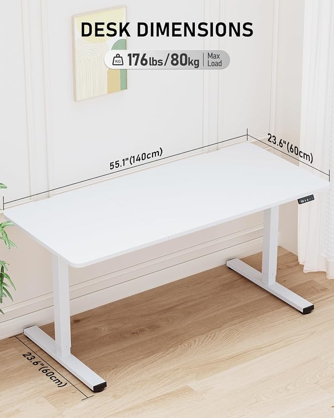 55" Electric Standing Desk Adjustable Height, Sit Stand up Desk for Home Office & Computer Workstation, 2 Memory Height Settings, Splice Board, 2 Hooks, White Frame/White Top