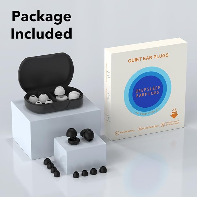 Ear Plugs for Sleeping Noise Cancelling -30dB,Reusable Ear Plugs for Sleeping,Travel,Hearing Protection Concert, 2-Pack Silicon EarPlugs with 8 Pairs EarTips for Noise Reduction (White & Black)