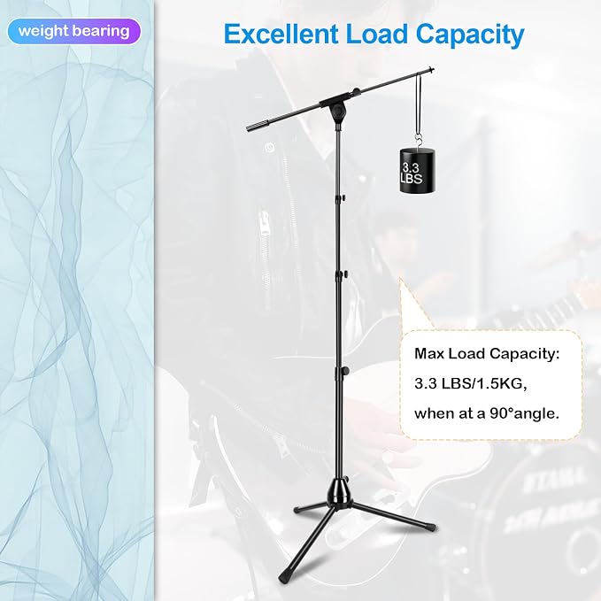 Microphone Stand Floor Foldable Mic Stand Heavy Duty Tripod Boom Arm with 2 Screws Adapter 2 Mic Clips 2 Foam Covers and Carrying Bag for Singing Karaoke Stage HLS02