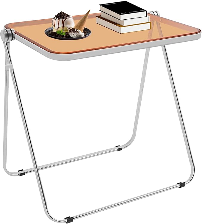 Acrylic Folding TV Tray Table, Small Portable Square Laptop Desk, End Side Table Modern Square Table for Home Office, No Assembly Space-Saving Side Table with Metal Frame (Brown)