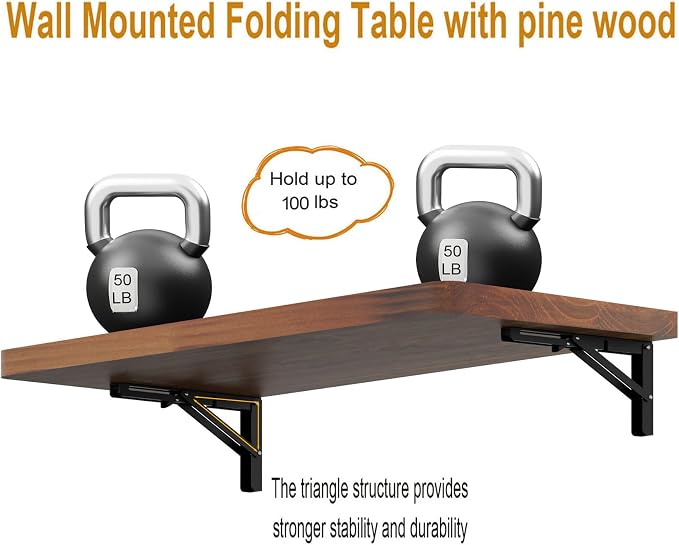 IAE Wall Mounted Folding Table with Pine Wood,36" x 14" Floating Wall Desk,Laundry Folding Table with Shelf Brackets,Fold Down Desk Shelf,Fold Workbench for Apartments,Home,Laundry Room,Kitchen,Teak