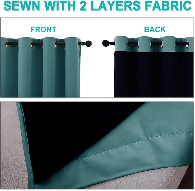 NICETOWN 100% Blackout Curtains 102 inches Long, Noise Reduction Window Treatment Curtains, Thermal Insulated Energy Smart Drapes and Draperies for Apartment Decor, Sea Teal, Set of 2, 55 inches W