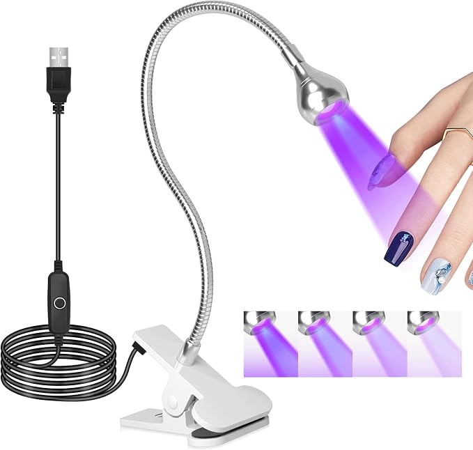 U V Light for Nails Gooseneck U V Lamp for Nails Mini Curing with Securing Clip Rotatable Flash Cure Light for Salon Nail DIY Home (Silver)