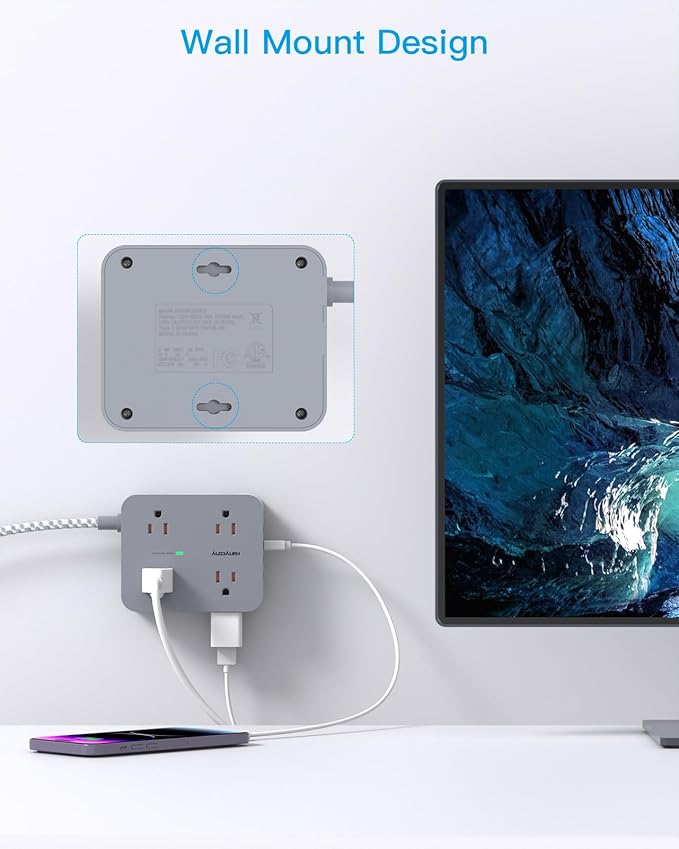 Surge Protector Power Strip 10 Ft Cord, HANYCONY Extension Cord with Multiple Oulets, 8 AC Outlets 4 USB (2 USB C) Ports, Flat Plug, Wall Mount Desk USB Charging Station for Home