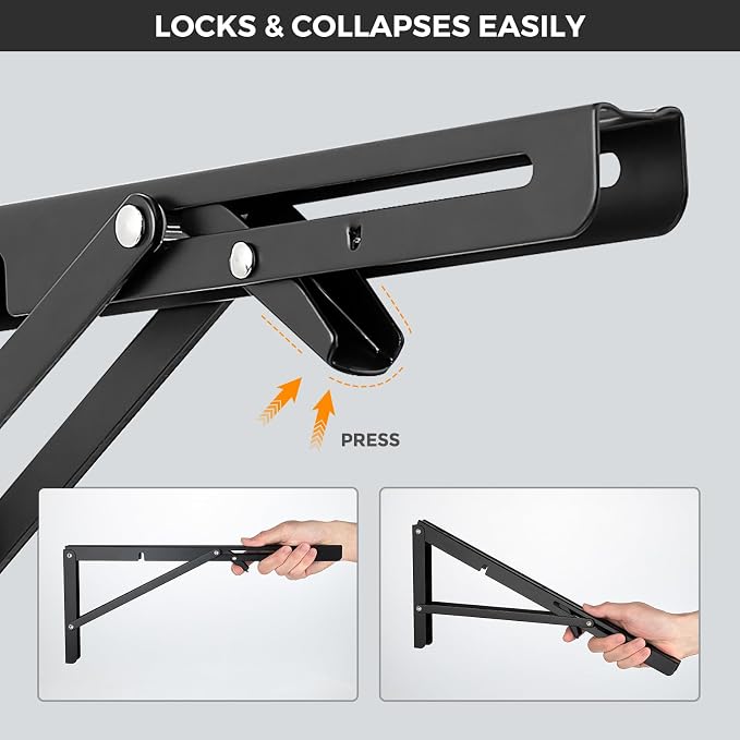 JOY DECOR 10 Inch Heavy Duty Folding Shelf Brackets, 2 Pack (1 Pair) Collapsible Wall Mounted Brackets for Fold Down Table, Stainless Steel Folding Table Hinge, Matte Black