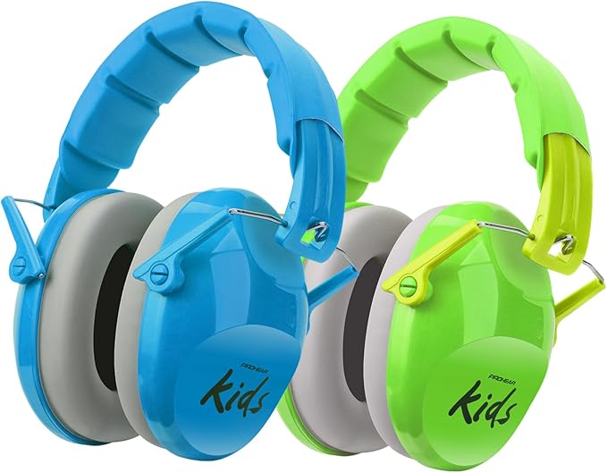 PROHEAR 032 2.0 Kids Noise Cancelling Headphones with Adjustable Headband - 25dB NRR Autism Ear Protection for Child at Mowing Studying Sleeping Racing - Green and Blue, 2 Pack