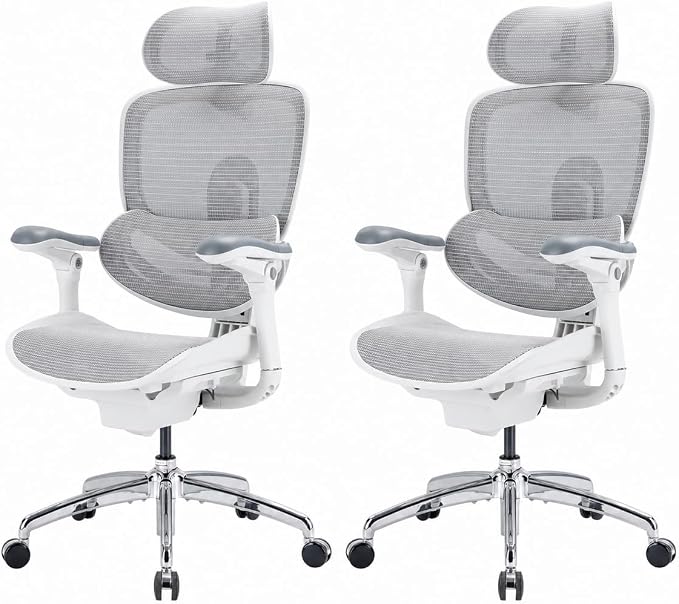 SIHOO Doro C300 Pro V2 Ergonomic Office Chair Without Footrest, Full-Body Adaptive Support, 8D Armrest & Breathable Mesh, Comfy High Back Desk Chair for Long Hours, 135° Recline, 2 Packs, White