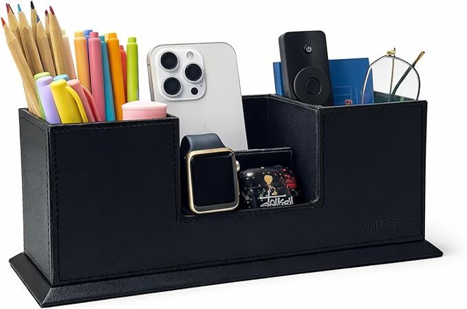 UnionBasic Desk Organizer, Desktop Caddy Leather Multi-compartment Pen Holder Office Stationer Organizer, Black