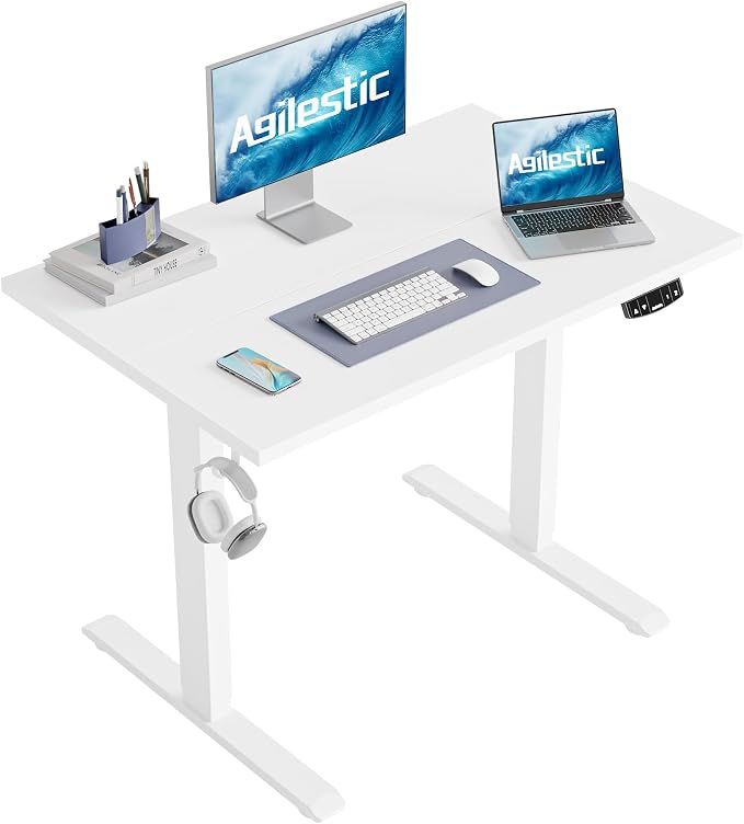 Agilestic Electric Standing Desk, 40 x 24 Inches Height Adjustable Desk, Sit Stand up Desk for Work Office Home, Splice Board, White