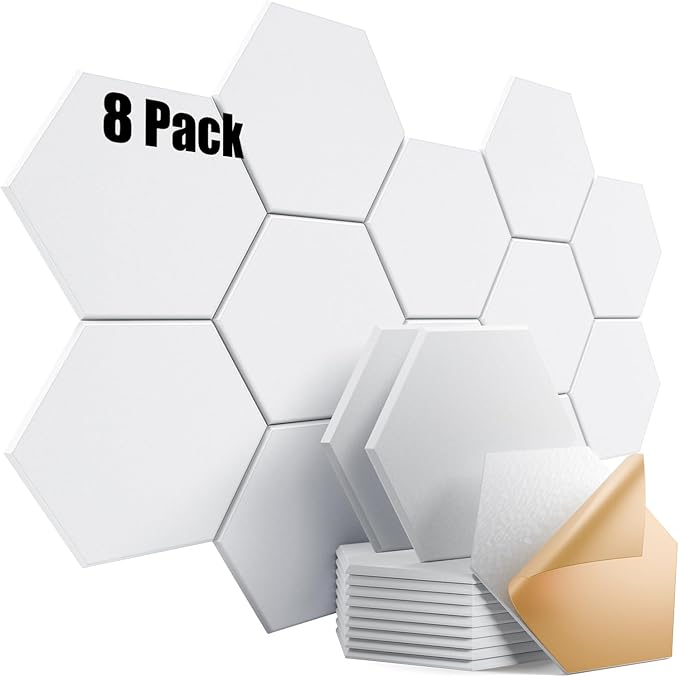 8 Pack Self-Adhesive Acoustic Panels 12" X 10" X 0.4" - Sound Proof Foam Panels for Wall with High Density, Hexagon Design, Flame Resistant, Absorb Noise and Eliminate Echoes(White)