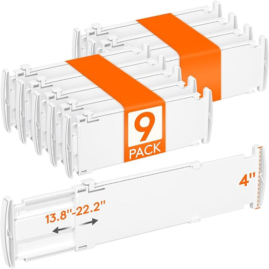 Lifewit 9 Pack Drawer Dividers for Clothes, 4" High 13.8"-22.2" Expandable Dresser Drawer Organizers, Adjustable White Plastic Separators for Kitchen, Cabinet, Nursery, Socks & Underwear Storage