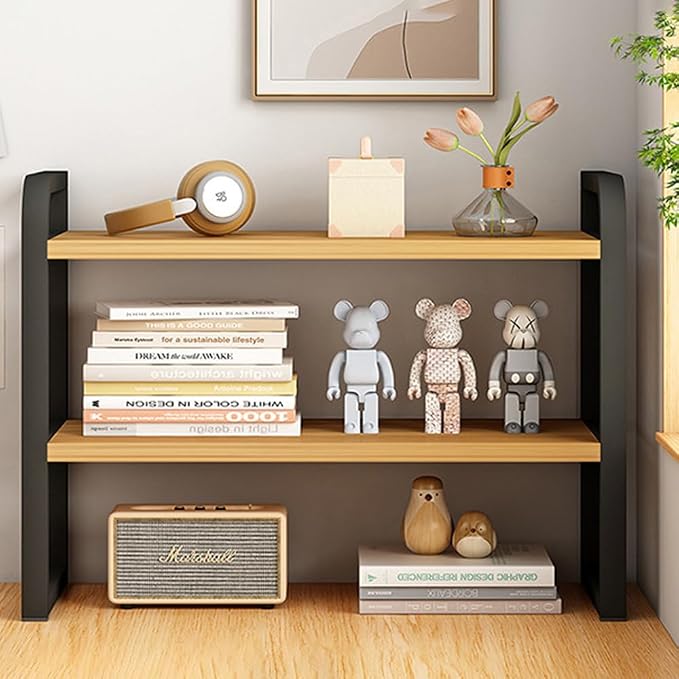 Office Desk Shelf Organizer, Wood Desktop Bookshelf Supplies Storage Rack, Shelf for Top of Desk and Dresser and Cubicle Decor Aesthetic Bookshelf (Black Wood, Two Tier 19.69 Lx7.87 Wx15.16 H)