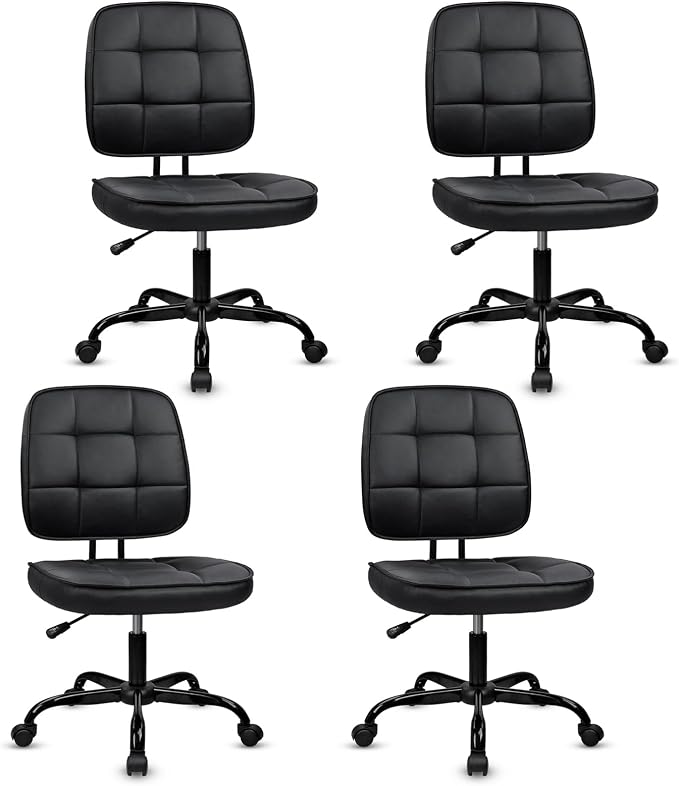 CLATINA Home Office Chair No Arms with Wheels, Armless Small Leather Ergonomic Low Back Desk Chairs Adjustable Height 360° Swivel Rolling Computer Task Chair for Work Conference Room, Black, 4 Pack