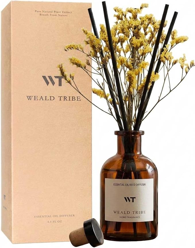 WEALD TRIBE Reed Diffuser Set for Bathroom Air Fresheners, Oil Diffuser Sticks with Flower | Lemongrass Scent 4.0 fl oz Home Fragrance with Sticks Defusers | House Bedroom Office Shelf Decor